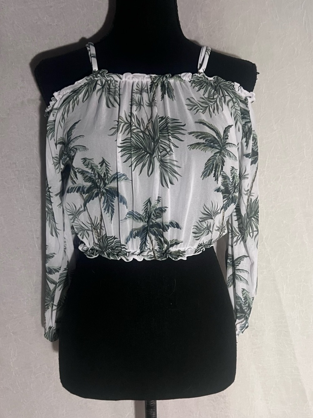 White & green Palm-Print Off-Shoulder Crop Top
